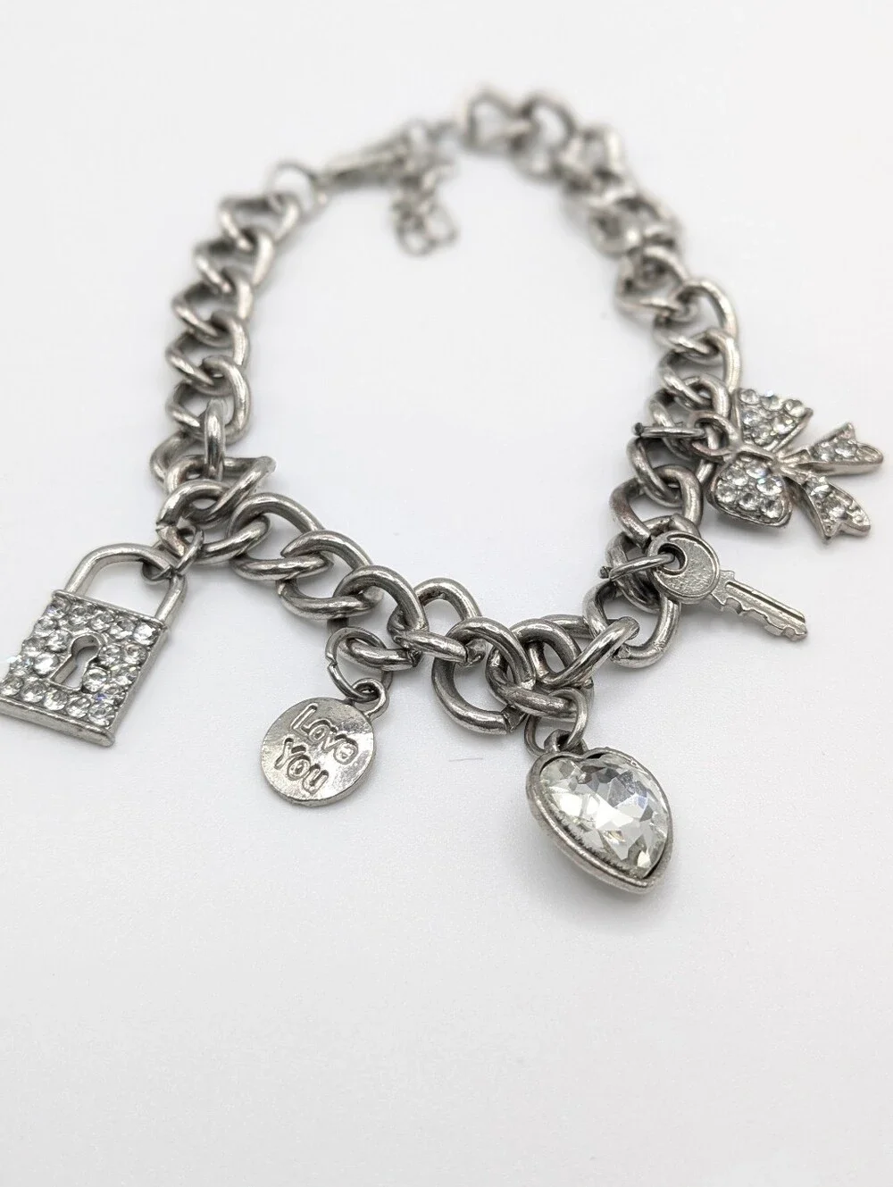 Silver Tone Charm Bracelet with Rhinestone Lock, Key & Heart Charms Adjustable